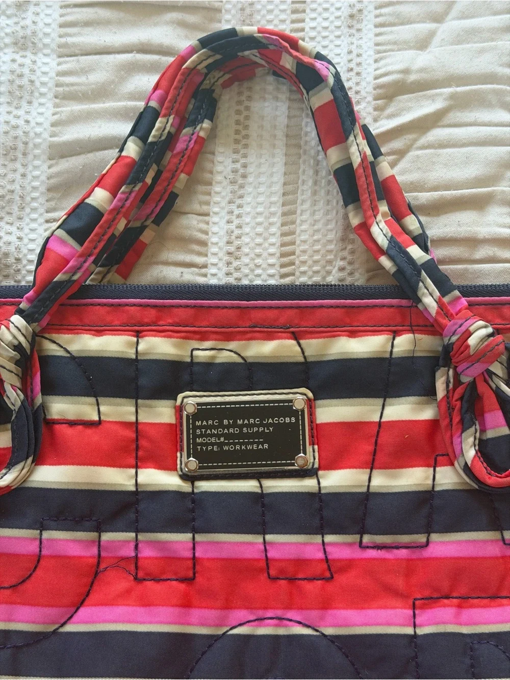 Marc by Marc Jacobs Pink Red Navy Cream Striped Quilted Laptop Bag
